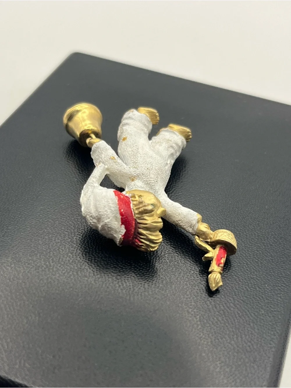 Christmas figural child carrying candle & bell enamel gold tone brooch pin